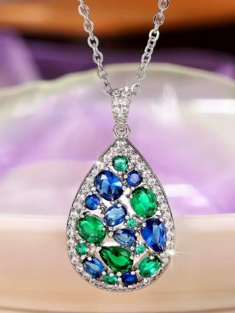 Silver Teardrop Necklace with Blue & Green Stones